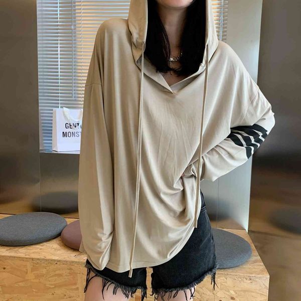 

21 autumn new tb hooded sunscreen pure desire long sleeve t-shirt khaki black and white trend ins women's net red