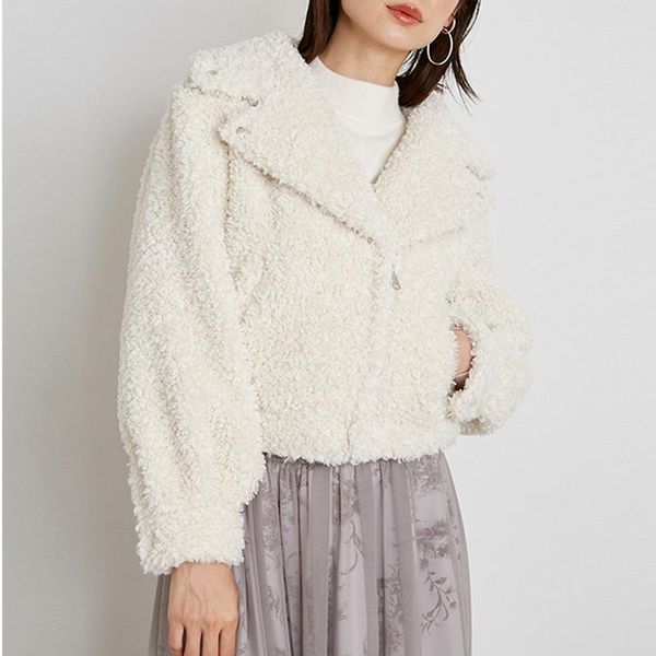 

women's jackets japanese fashion elegant coat women 2021 autumn winter lambswool warm solid turn down collat zip-up design jacket femal, Black;brown