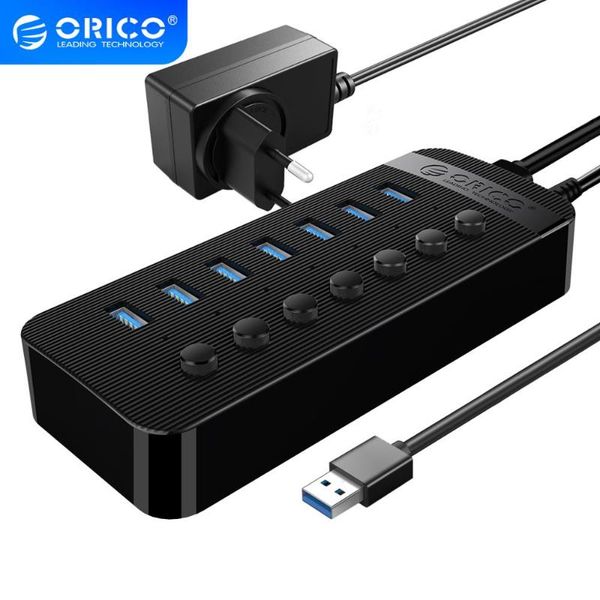 

hubs orico 7 port powered usb 3.0 hub bc1.2 charger splitter with individual on/off switches and 12v/2a power adapter for pc computer