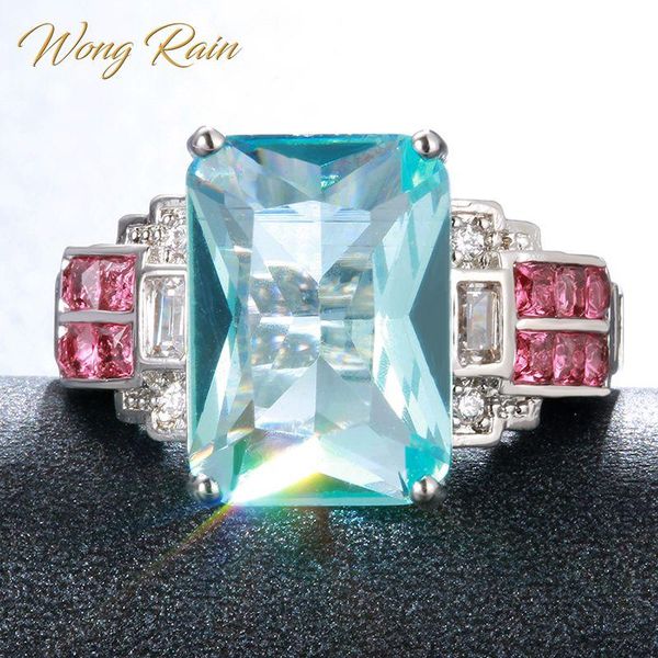 

cluster rings wong rain vintage 100% 925 sterling silver aquamarine ruby gemstone wedding engagement white gold ring fine jewelry wholesale, Golden;silver