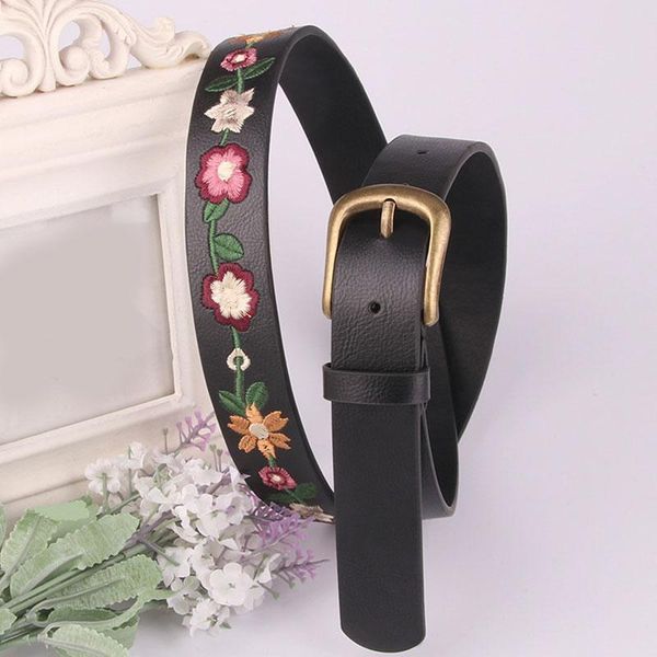 

belts pu leather women embroidery flowers belt decorative metal buckle classical dress skirt waistband harajuke waistbelts, Black;brown