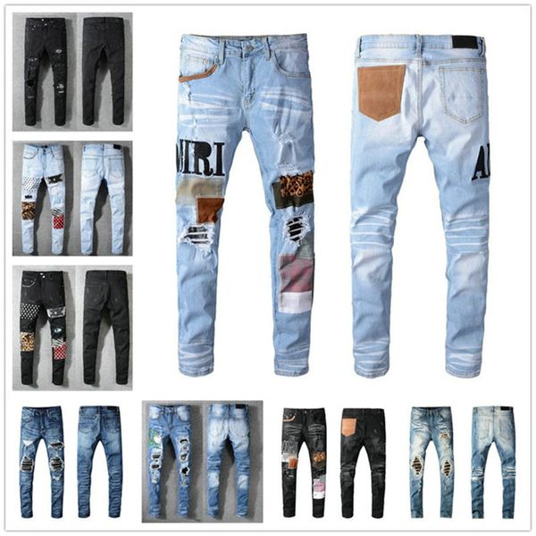 

fashion cool casual men jeans vintage hole denim pants distressed ripped slim fit motorcycle biker for man, Blue