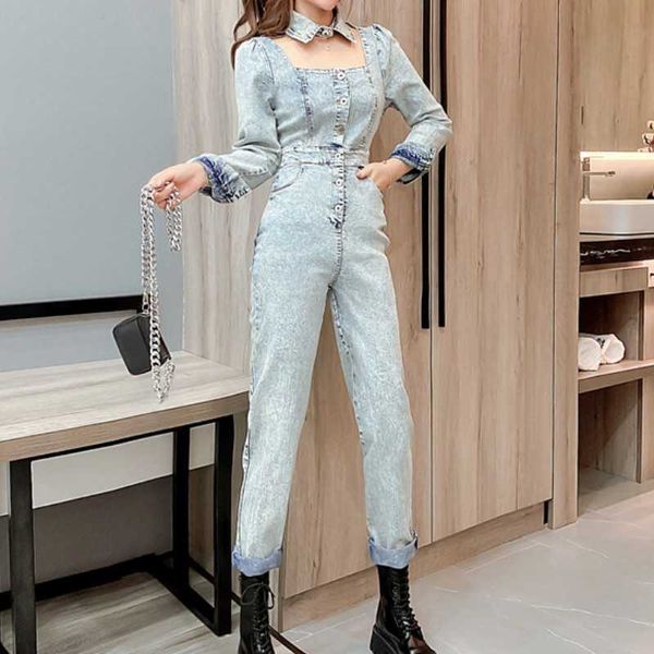 

spring women elegant office ol jumpsuit retro denim long sleeve slim hollow square collar rompers ladies bodysuit 210526, Black;white