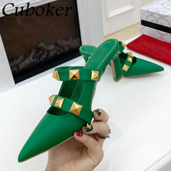 

slippers brand rivet mules women pumps pointed toe studded high heels shoes slip on designer for sandalias mujer 2021, Black