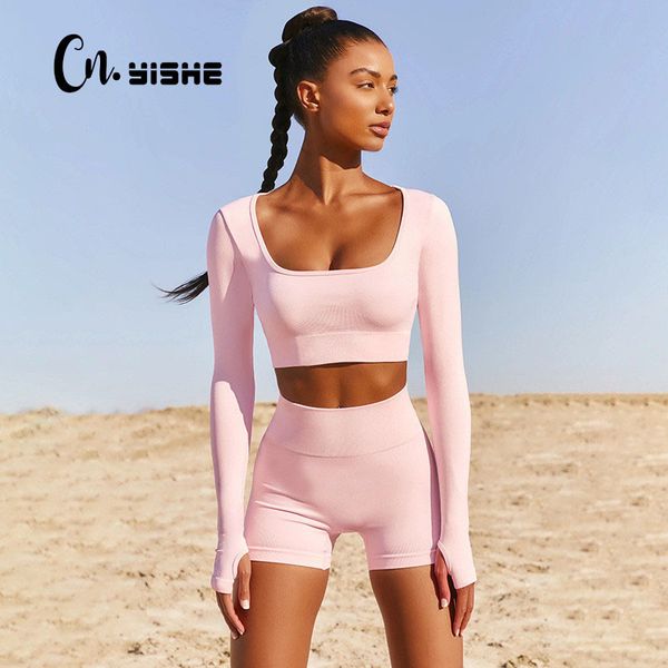 

cnyishe 2-pieces shorts sets women fashion fitness long sleeve crop bike shorts suit set for female solid skinny tracksuits 210419, White