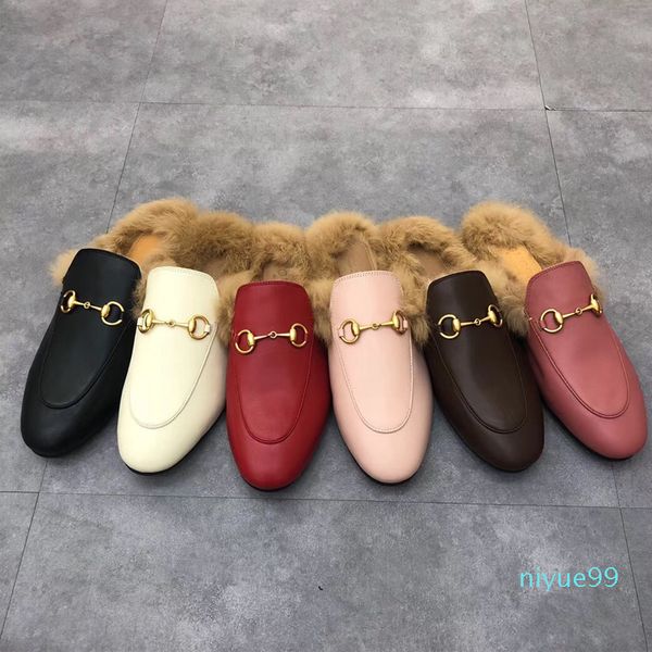 

winter men wool slippers classic designer lazy flat baotou flip flops 100% leather lady slides suede letter cowhide metal mens with fur wome, Black
