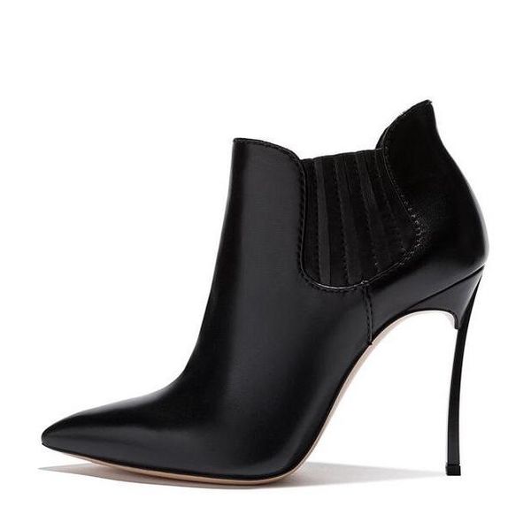 

boots arrivals black leather women ankle pointed toe blade heels short bootie slip-on metal high heeled ridding boot size 43