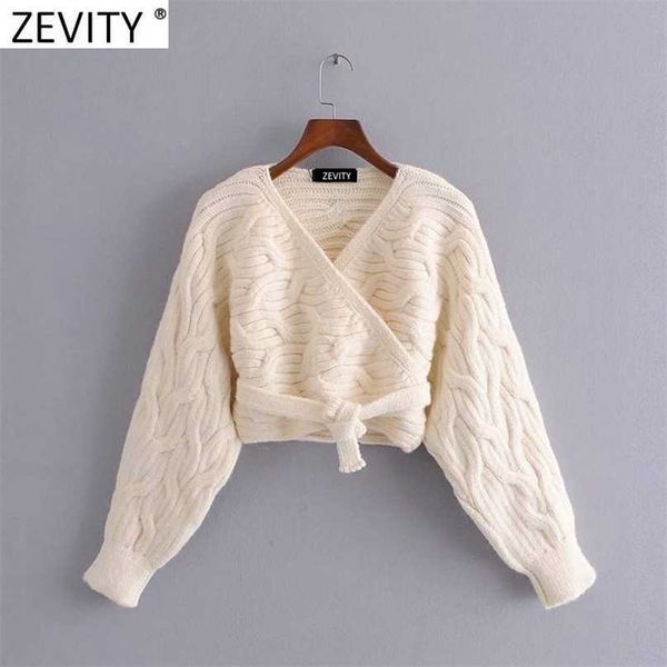 Zevity Frauen Vintage Kreuz V-ausschnitt Twist Häkeln Kurzen Strickpullover Femme Chic Saum Schleife Gebunden Lässige Strickjacken Tops S685 211011