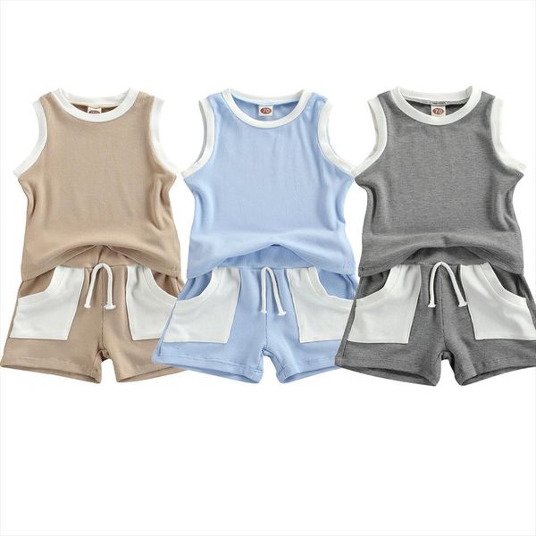 

baby contrast color clothes set, boys sleeveless o neck vest drawstring short pants for summer, White