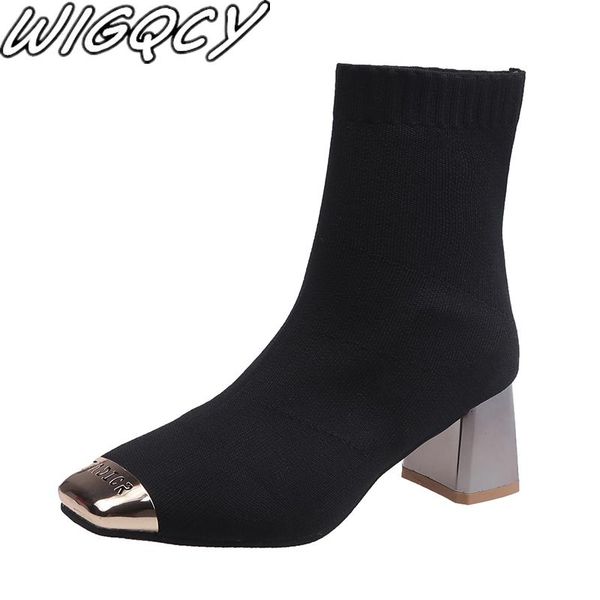 

boots quality stretch cloth women prom work high heel metal decorative shallow round toe combat for, Black