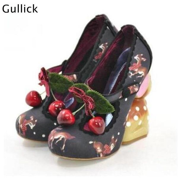 

gullick 2021 est fashion mary janes women cute print deer heel pumps woman cherry decoration classics party dress shoes, Black