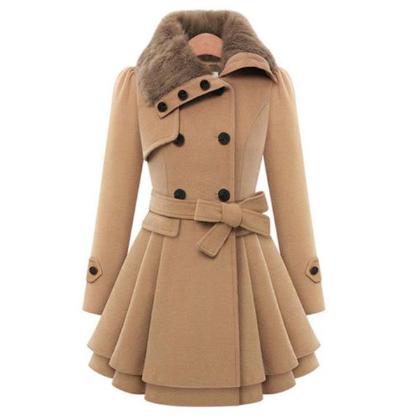 

women's wool & blends fnoce woolen overcoats fashion trends casual elegant solid long sleeve fur collar double breasted slim out wear c, Black