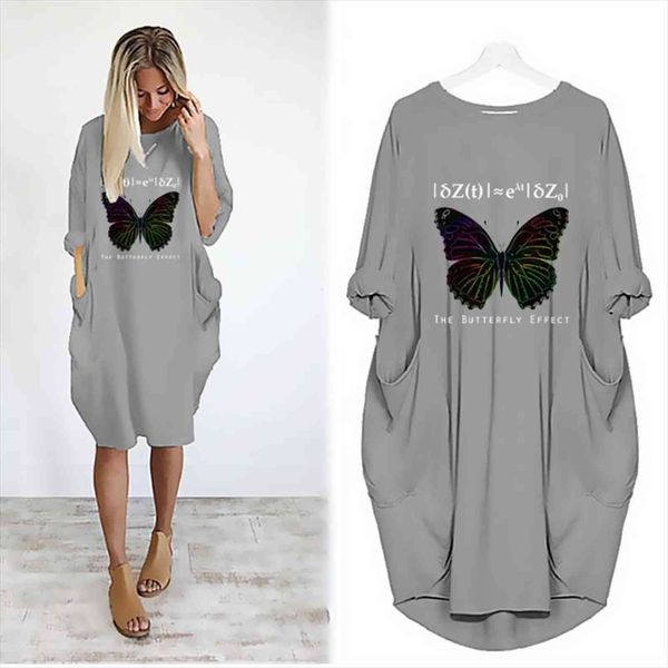 

vintage loose casual femme robe womens dresses butterfly print long sleeve pocket club party vestido autumn streetwear, Black;gray