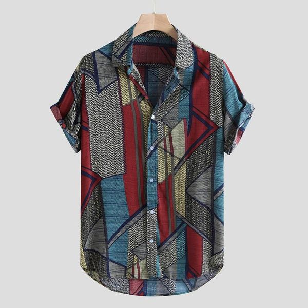 

men's casual shirts pattern men shirt ethnic style summer short sleeves retro vintage streetwear loose button blouse chemise homme, White;black