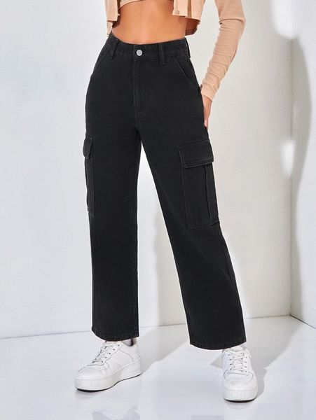 

petite zipper fly flap pocket wide leg jeans k3pu#, Blue