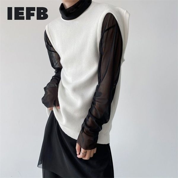 IEFB coreano moda versátil colete de malha sem mangas dupla manguito kintwear tops branco Causal Chic roupas macho 9y8281 210818