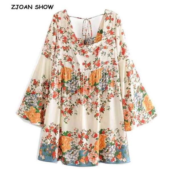 

bohemian women lacing up square collar beige flower print dress holiday elastic back long flare sleeve short dresses 210429, Black;gray