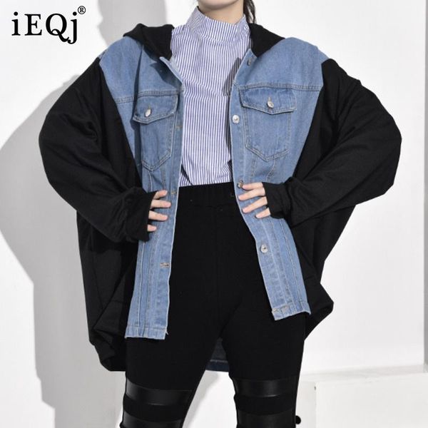 

women's jackets ieqj autumn 2021 fashion long sleeve lapel patchwork pockets denim jacket single breasted casual loose coat women 885, Black;brown