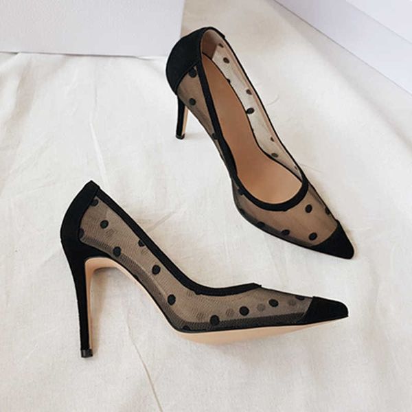 

summer new lace mesh yarn polka dot breathable high heel slender heel shallow mouth pointed single shoes 6cm heel size 33-42 y0611, Black