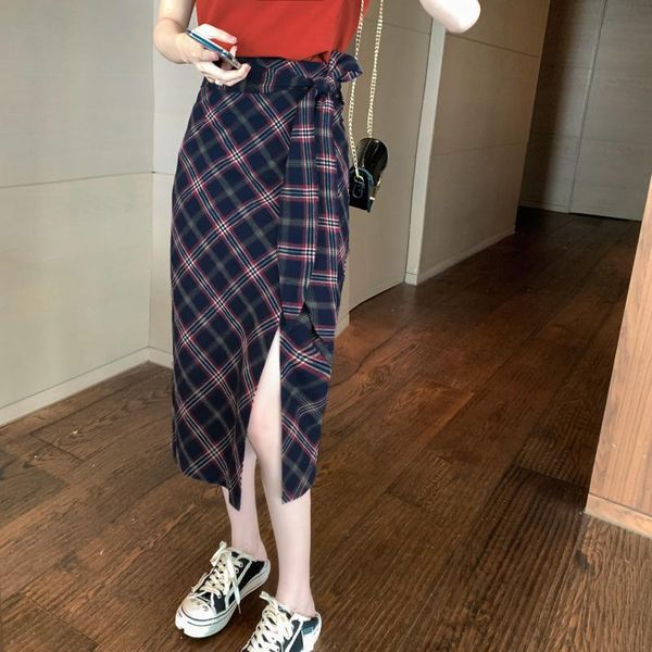 

skirts women's fashionable medium skirt plaid sash decoration high waist split hem women a-line summer 2021, Black