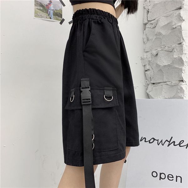 

shorts womens summer 2021 elastic waist high bf streetwear hip hop straight casual chic ribbons black green couple cotton new, White;black