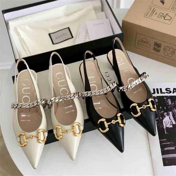 

[higher version]qijia pointed horse clasp metal chain cat heel sandals travel vacation leather back empty sandals[it will be finished on may, Black