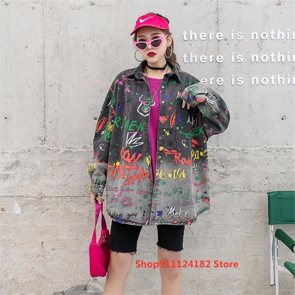 

street fashion brand printed graffiti denim shirt women 2021 spring loose long-sleeved cardigan jacket women's jackets, Black;brown