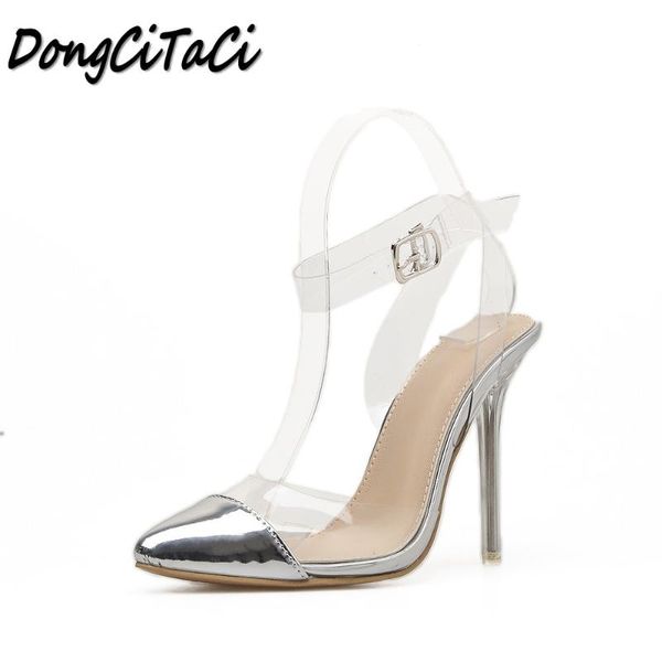 

dongcitaci women high heels sandals shoes woman pumps fashion transparent crystal party buckle strap stilettos, Black