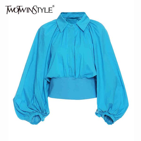 

twotwinstyle vintage tunic solid shirt for women lapel puff long sleeve ruched casual blouse female fashion clothing fall 210517, White
