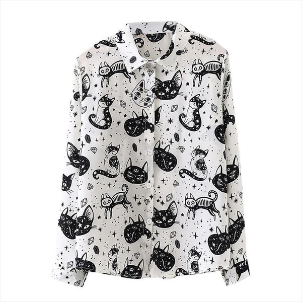 

halloween horror skull autumn womens shirts long sleeve art cat print casual loose blouse camisas, White