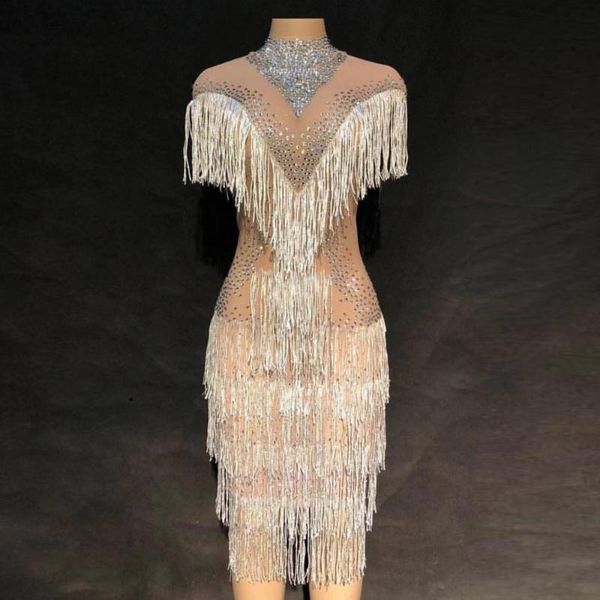 

casual dresses silver tassel sparkly crystals dress fashion nude big stretch one-piece party, Black;gray