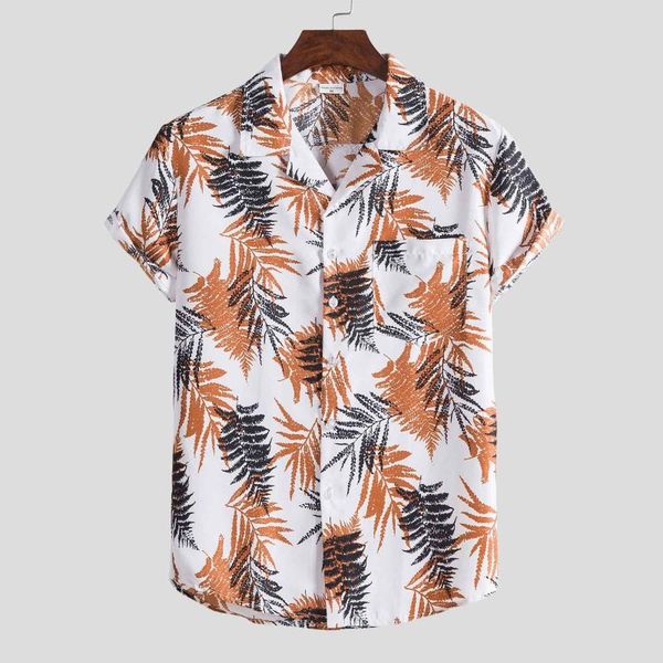 

men's casual shirts mens shirt vintage leaf printing beach short sleeve stand collar loose 2021 hawaiian henley male, White;black