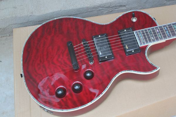 Benutzerdefinierte EC-1000 Deluxe E-Gitarre mit roter Crimson-Decke aus gestepptem Ahorn, Abalone-Korpus, Binding-Block-Inlay, chinesische EMG-Tonabnehmer, 9-V-Batteriekasten, schwarze Hardware