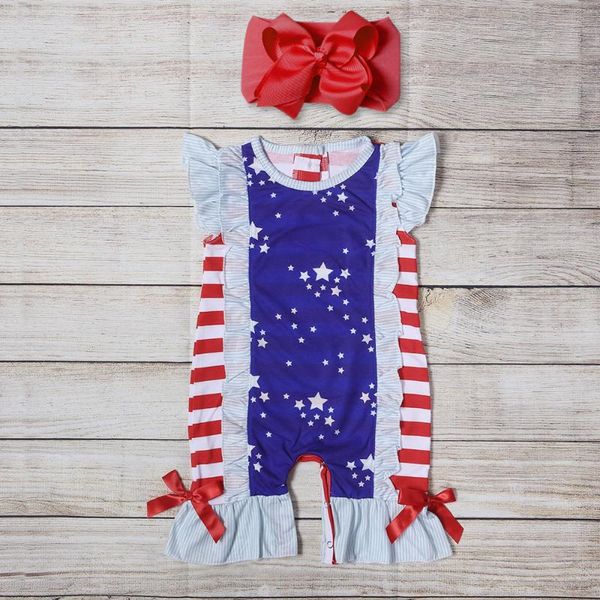 

baby girls summer clothes red stripes white stars romper bowknot jumpsuits, Blue