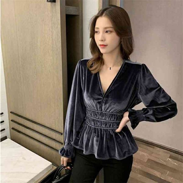 

wonder autumn v neck blouse shirts vintage lantern long sleeve velvet shirt casual office ruffles loose 210510, White