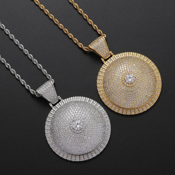 

pendant necklaces hip hop full cz stone paved bling iced out spinner rotatable round pendants necklace for men rapper jewelry drop, Silver