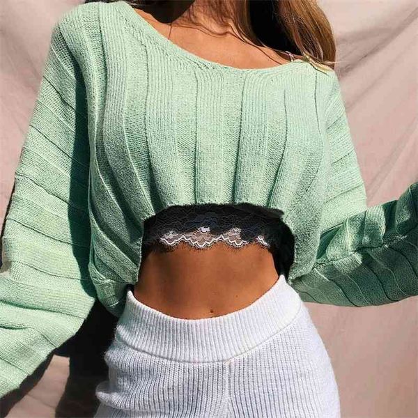 

v neck ribbed cropped sweater pullovers women autumn winter knitted green short jumper pull femme 210427, White;black
