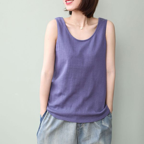 

johnature women knitted cotton summer tank summer o-neck sleeveless 7 color korean style female clothing loose tank 210521, White