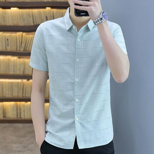 

summer men's short sleeve shirt korean fashion plaid business versatile work clothes printed inch casual shirts, White;black