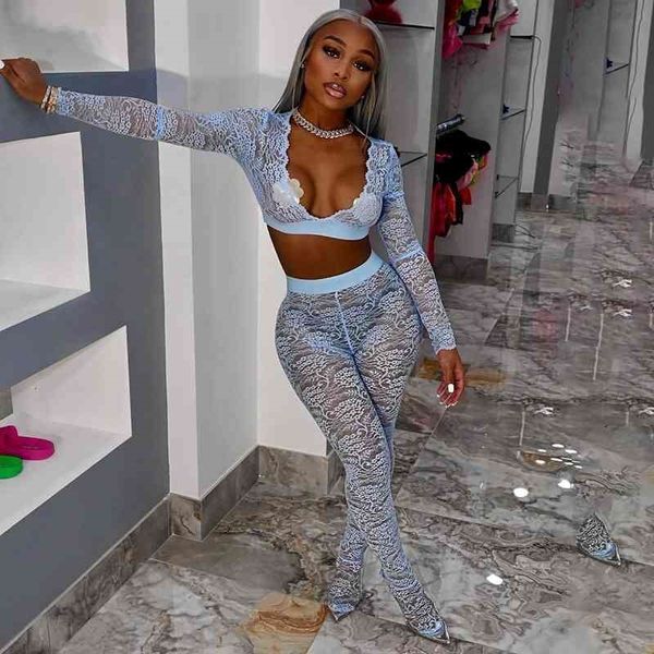 

women's leggings and solid lace two piece set for women bandage long sleeve deep v-neck hollow out pants 2 culb wear 2na, Black