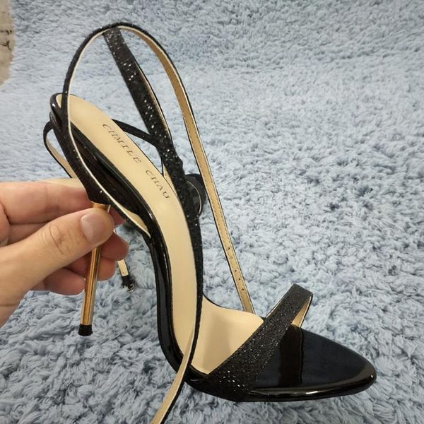 

women stiletto thin iron high heel sandals ankle strap open toe black glittering party bridals wedding lady shoes 3845-i8