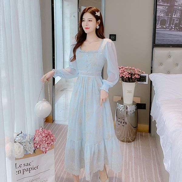 

casual dresses sweetxue lace french vintage chic long dress embroidery women square neck hollow ruffle party fairy vestidos, Black;gray