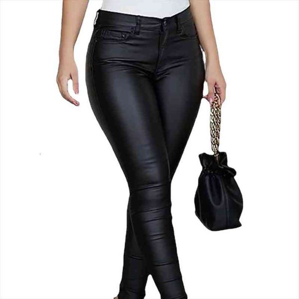 

pu leather pants women high waist button slim push up woman pencil pants casual pockets blue skinny women plus size, Black;white