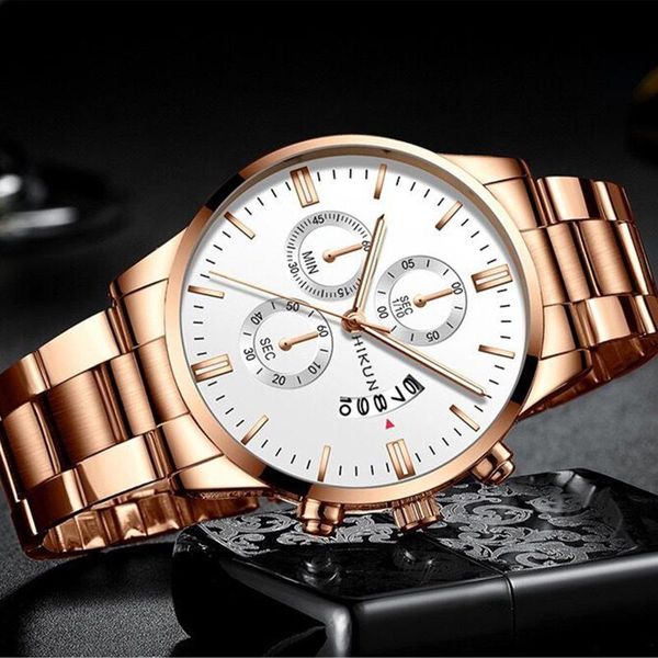 

wristwatches business men watch with steel band dial chronograph calendar mens fashion analog quartz wrist for man gift reloj hombre, Slivery;brown