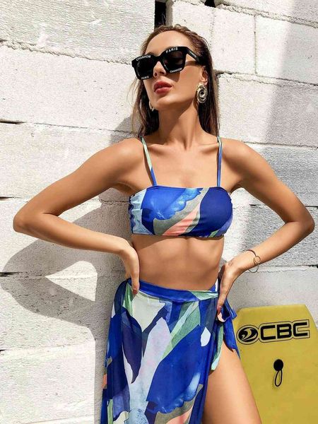 

2021 new split swimsuit printed bikini three piece drape, White;black