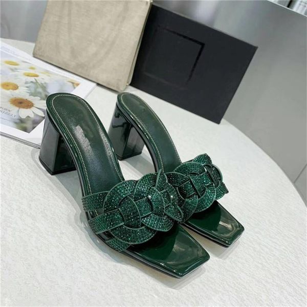 

slippers 2021 luxury crystal weave designer women slippres runway brand square toe heels shoes ladies summer casual beach sandals, Black
