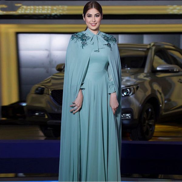 Eleganti abiti da sera formali musulmani 2022 Appliques in chiffon Islamico Dubai Arabia Arabo maniche lunghe lunghe Abiti per occasioni speciali Scialle staccabile Abito da ballo a linea