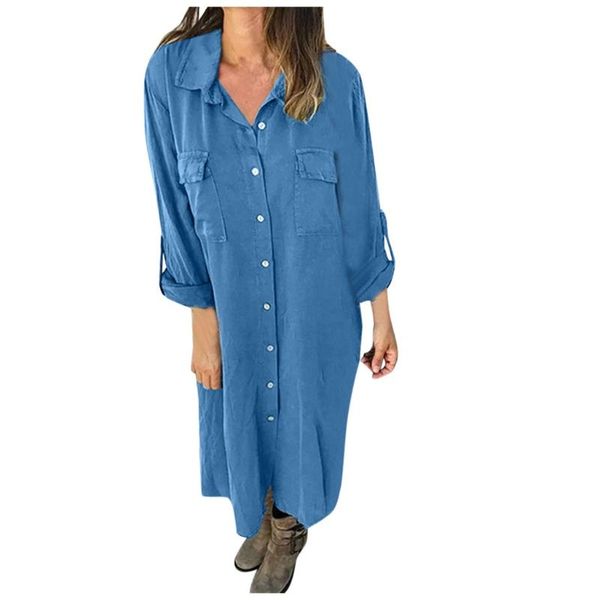 

casual dresses nice women's winter fashion lapel shirt solid color button loose simple mid-calf dress single-breasted, Black;gray