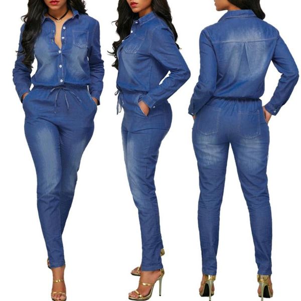 

women's jumpsuits & rompers autumn streetwear women demin full sleeve turn-down collar button lace up pockets straigth ankle-length smr, Black;white