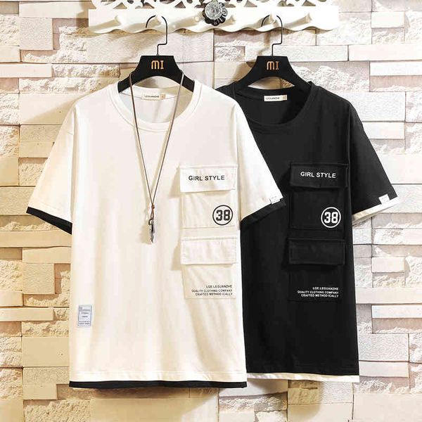 

factorym5qg size men's t-shirts o-neck two pockets m-5xl plus t shirt men summer solid short sleeve shirts brand tee man c, White;black